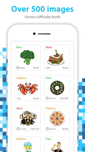 Pixel Art app gallery showing 500+ coloring images organized by difficulty: Easy, Medium, Hard levels with food themes