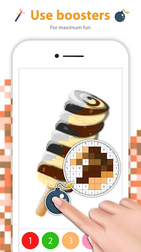 Ice cream pixel art featuring booster enhancements with advanced filling tools and numerical grid system for fun gameplay