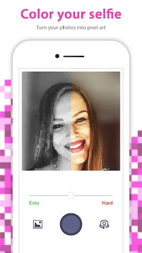 Convert selfies to pixel art featuring personalized photo transformation with Easy and Hard difficulty options for coloring