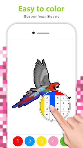 Easy finger sliding interface for pixel art coloring featuring colorful parrot with numbered grid and color selection