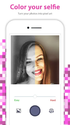 Photo to pixel art converter allowing users to turn selfies into color by number artwork with difficulty slider