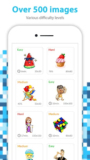 Collection of 500+ pixel art images across difficulty categories with estimated completion times and color counts