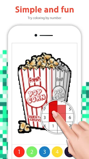 Popcorn pixel art color-by-number showing numbered sections with color palette interface for interactive tapping gameplay