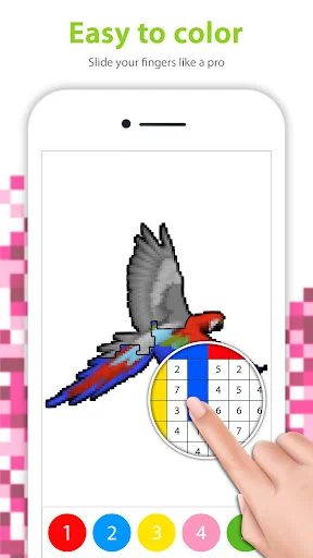 Parrot pixel art with color selector wheel demonstrating smooth sliding gesture control for intuitive color-by-number painting