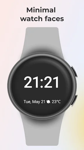 Minimal watch faces for WearOS showing clean digital time display with date and temperature on smartwatch
