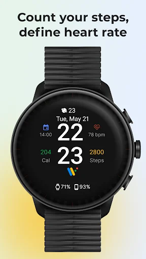 WearOS watch face displaying fitness metrics including step count, heart rate, calories, and battery percentage