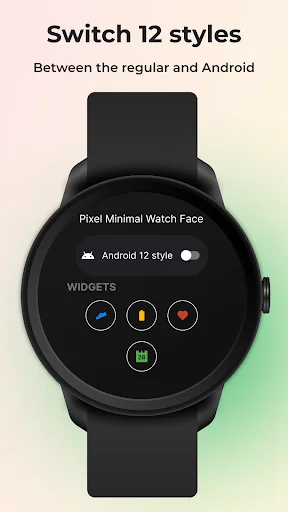 Pixel Minimal Watch Face customization screen showing Android 12 style toggle and widget configuration options