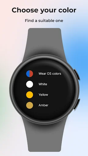 WearOS color selection menu for watch face personalization with white, yellow, and amber theme options