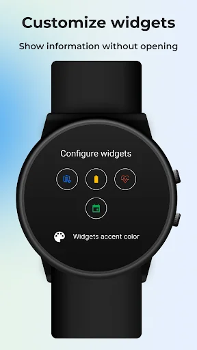 Watch face widget customization interface showing configurable complications and accent color settings