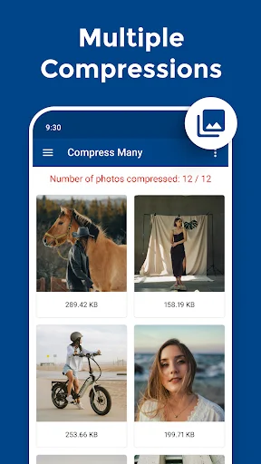 QReduce Multi app screenshot showing multiple photo compression feature with grid of 4 photos and file sizes