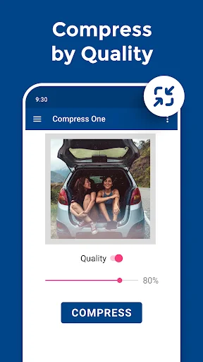 QReduce app compress by quality screen with slider control set to 80% and compress button for single photo