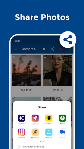 QReduce Multi share photos screen showing sharing options menu with various app icons for compressed images