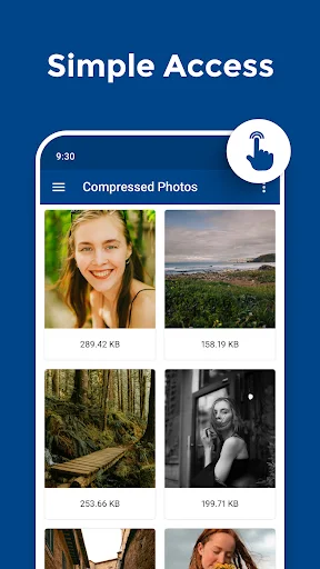 QReduce app simple access screen displaying grid of compressed photos with reduced file sizes in KB