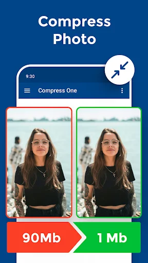 QReduce photo compression comparison showing before (90MB) and after (1MB) file size reduction side by side