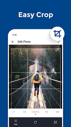 QReduce easy crop feature screen with grid overlay and aspect ratio options for editing photos