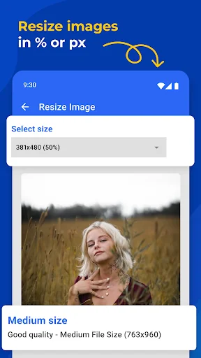 Resize image screen with 50% reduction option and medium quality file size settings