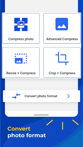 Photo compress app menu with options: compress, advanced compress, resize, crop, and convert format tools