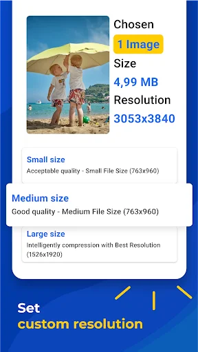 Custom resolution settings screen showing small, medium, large size options for image compression quality
