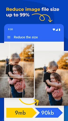Photo size reducer app demonstrating 9mb to 90kb compression with before and after comparison