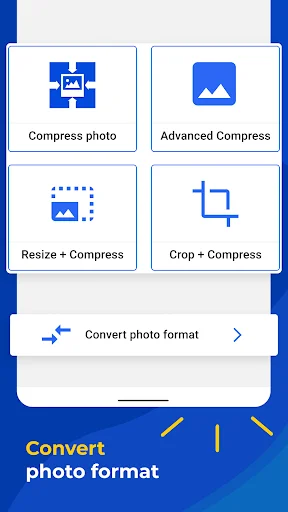 Compress photo menu displaying four compression modes and convert photo format feature