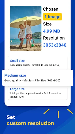 Image compression size selector showing 4.99 MB photo with resolution options and custom settings