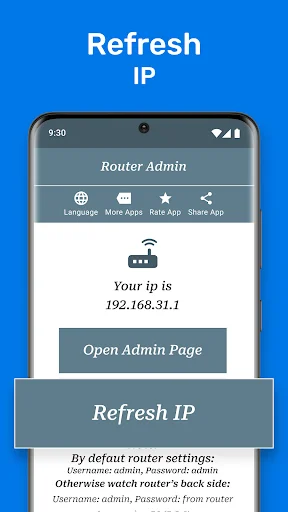 Refresh IP screen displaying router IP address 192.168.31.1 with Open Admin Page button