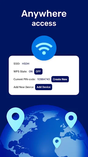 Anywhere access feature showing WiFi settings with WPS state toggle and PIN code options
