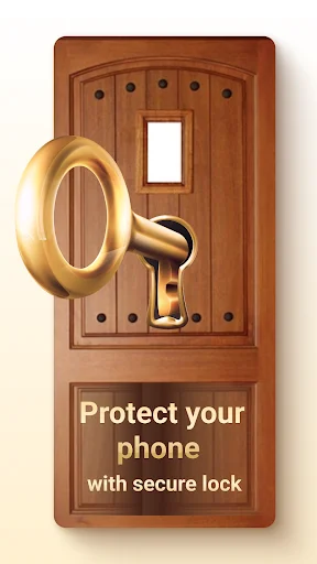 Royal Door Lock Screen app showing wooden door with golden key and text 'Protect your phone with secure lock'
