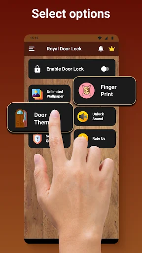 Royal Door Lock app settings menu with options: Enable Door Lock, Unlimited Wallpaper, Finger Print, Door Theme, Unlock Sound