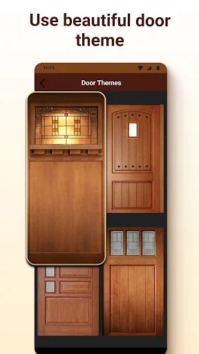 Door Themes selection screen showing beautiful wooden door designs and lock screen wallpaper options gallery