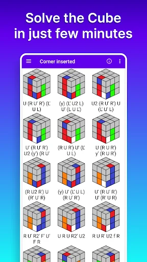 Cube Solver app showing multiple 3x3 Rubik's cube corner insertion algorithms with step-by-step visual solutions