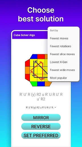 Choose best solution screen in Cube Solver app with sorting options like fewest moves, rotations, and popularity