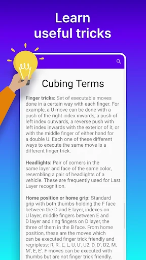 Learn cubing terms tutorial screen explaining finger tricks, headlights, and home position for 3x3 cube solving