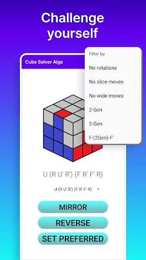 Challenge yourself screen showing cube algorithm filters including no rotations, slice moves, and generation options