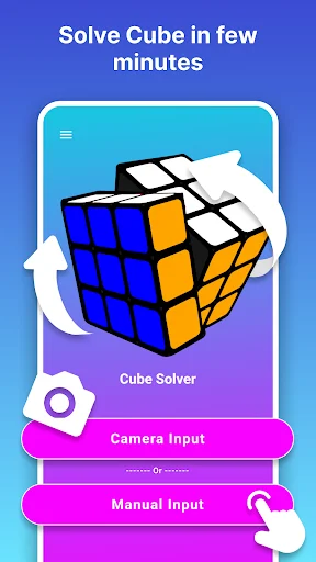 Cube Solver app home screen showing 3D puzzle cube with Camera Input and Manual Input options for solving