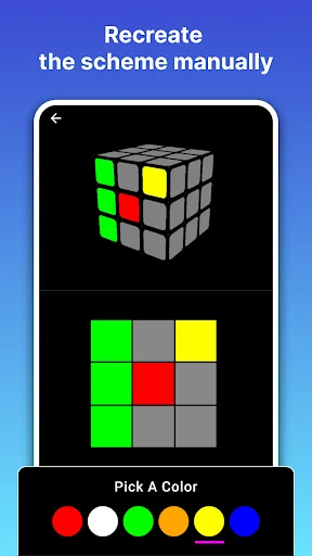 Manual cube color input screen with 3D cube visualization and color picker for custom puzzle configuration