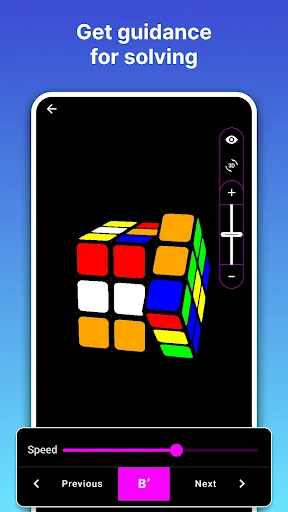Step-by-step cube solving guide showing algorithm moves with speed control and navigation between steps