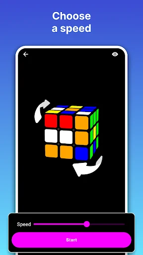 Speed selection interface featuring 3D Rubik's cube with rotation arrows, adjustable speed slider, and Start button