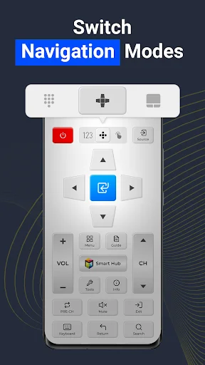 Switch Navigation Modes: Smart TV remote app showing multiple control interface customization options available