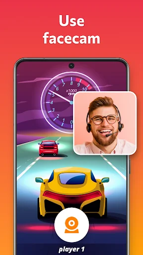 Screen Recorder app facecam feature showing racing game with user video overlay on mobile screen