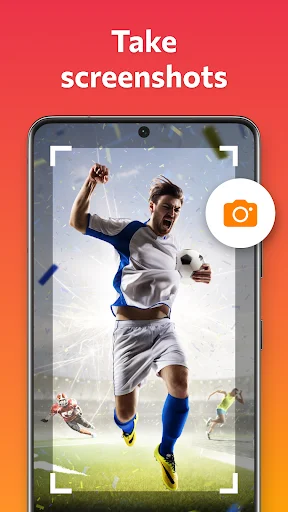 Take screenshots feature with camera button capturing soccer player action on mobile device screen