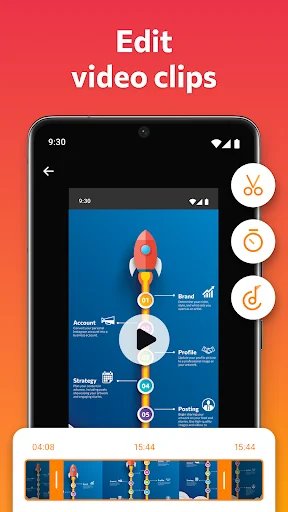 Edit video clips interface showing timeline editor with trim tools and rocket animation preview