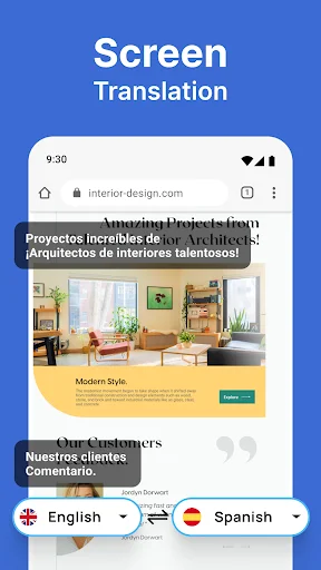 Screen and Photo Translator app showing screen translation of interior design website from English to Spanish