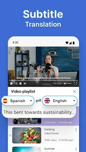 Video subtitle translator showing Spanish to English translation with video player controls and playlist