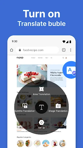 Translation app bubble menu displaying area translation, subtitle translation, image translation, and text options