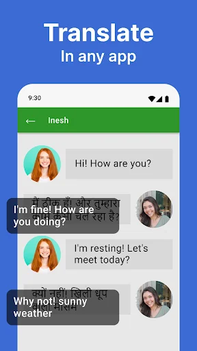 In-app messaging translation displaying English and Hindi chat messages translated in real-time