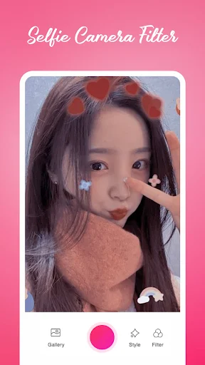 Selfie camera filter showing woman with cute bear ears overlay and camera controls for gallery, style, and filters