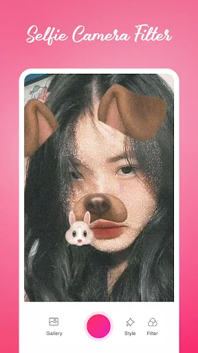 Selfie camera app with puppy dog face filter featuring ears and nose overlay with photo editing controls