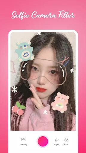 Selfie photo editor displaying kawaii filters with teddy bear stickers and sparkle effects on portrait