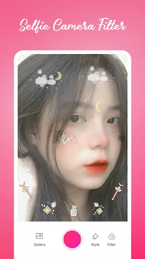 Selfie filter app with cute weather stickers, stars, and decorative overlay elements on portrait photo